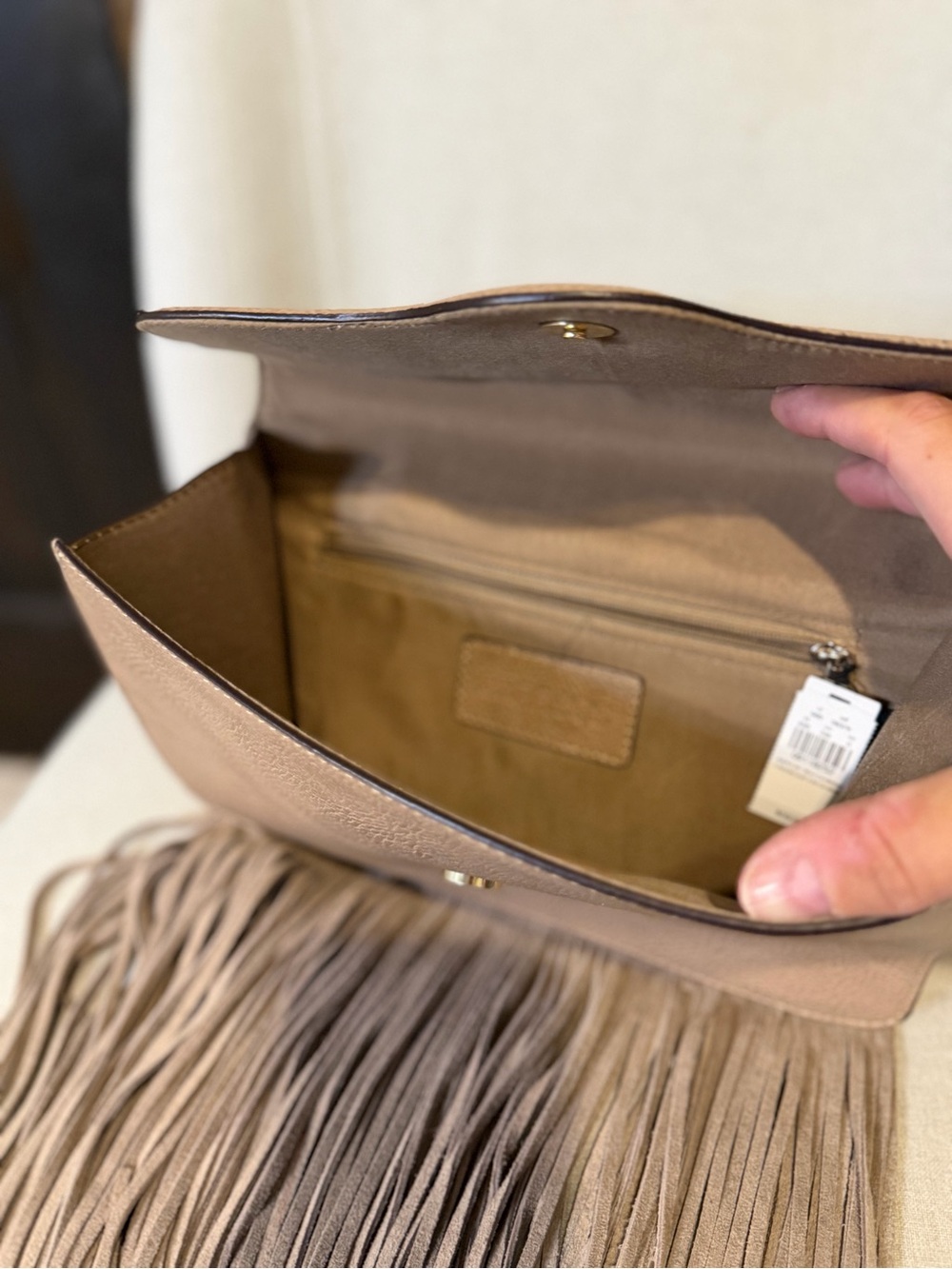 Express Taupe Fringe Clutch Wristlet